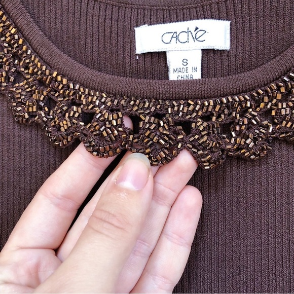 Cache • brown beaded sweater tank knit ribbed embellished lace crochet scoop - Picture 3 of 6